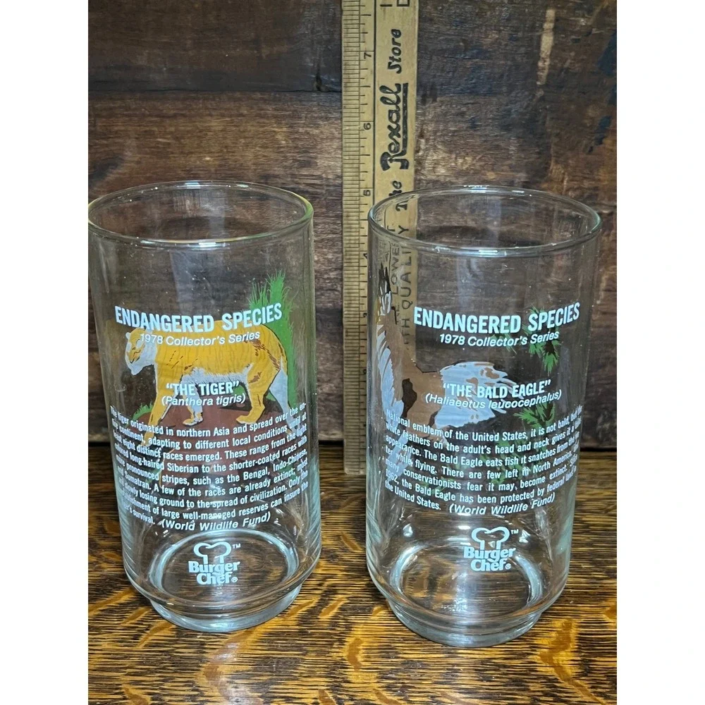 Vintage 1978 Burger Chef Glasses Endangered Species  Tiger Bald Eagle Set of 2