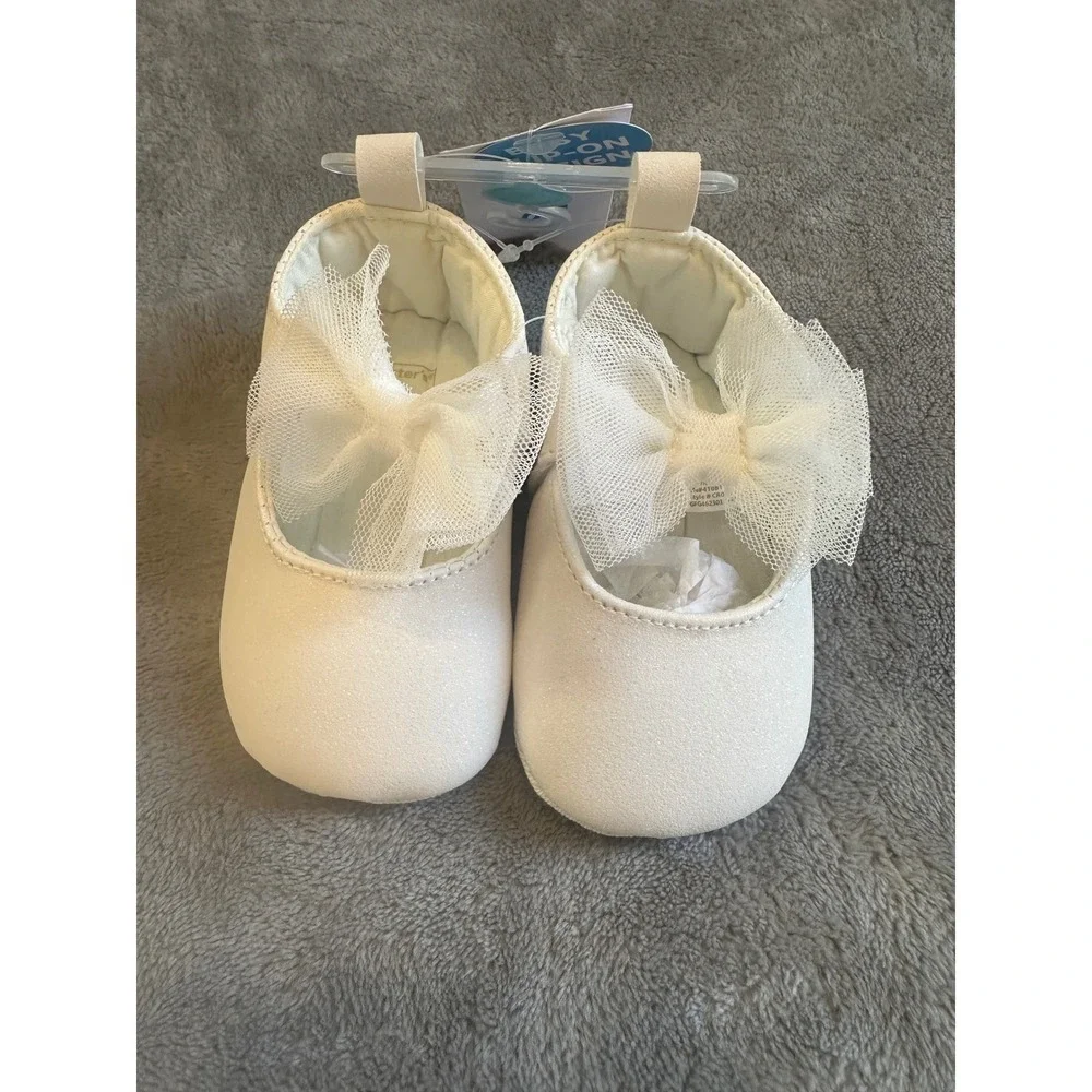 Carters Baby Girl White Sparkle Mary Jane Crib Shoes Tulle Bow Size‎ 2 3-6M New
