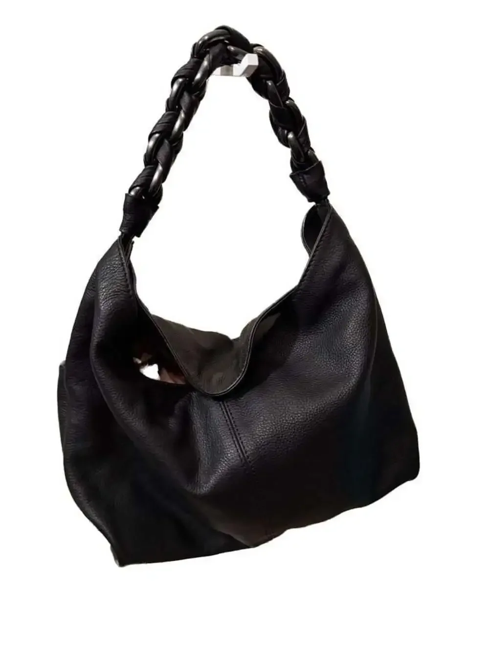 Vince Camuto Kimi Black Pebbled Leather Hobo Bag with Braided Chain Handle