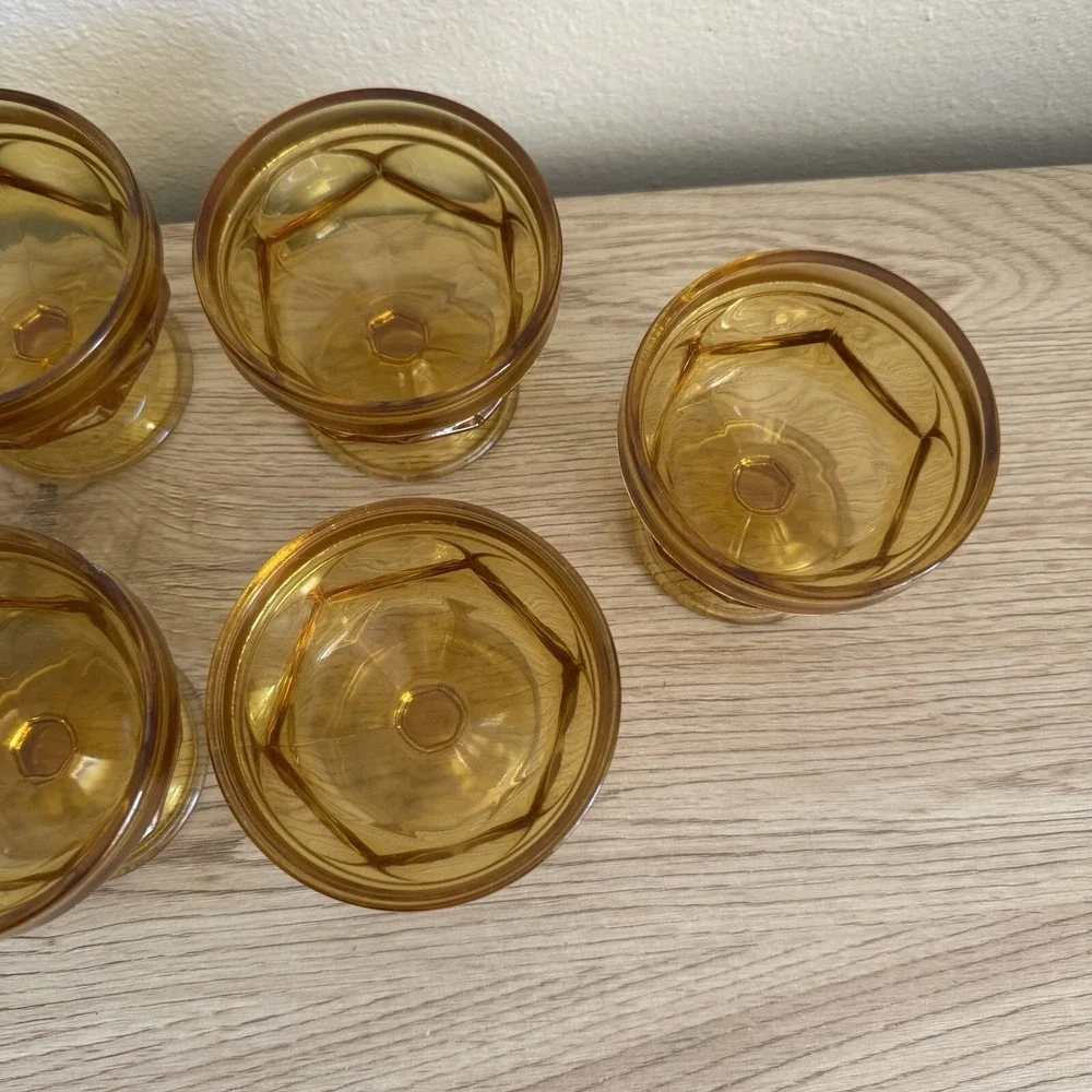 6 Anchor Hocking Fairfield Amber Low Sherbet Set Vintage Honey Gold Stemware Lot