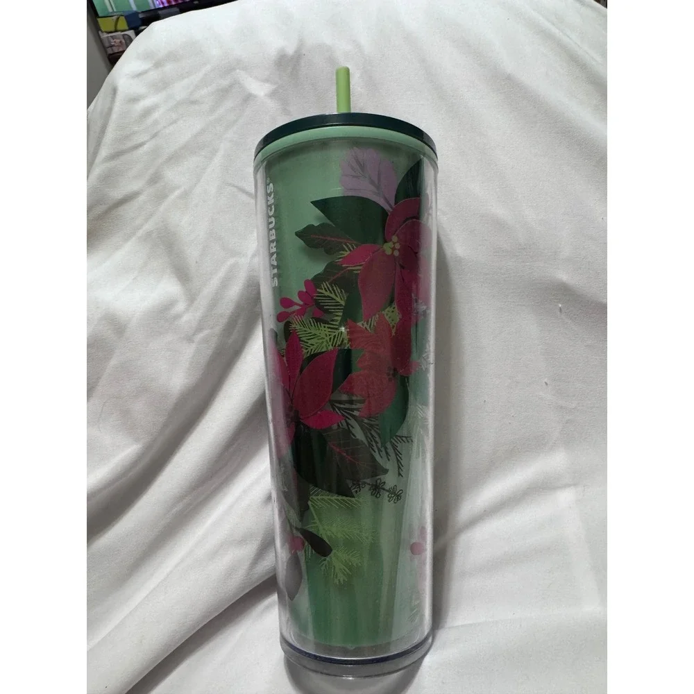 Starbucks Holiday Poinsettia Cold Cup Tumbler Venti 24oz Green Pink Floral 2021