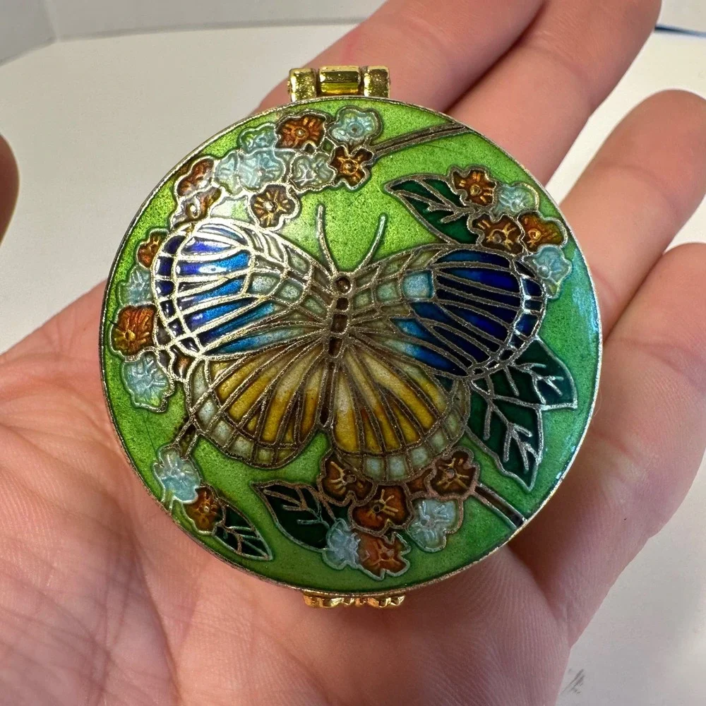 Butterfly Cloisonne Enamel Trinket Box Round Hinged Jewelry Pill Box Floral