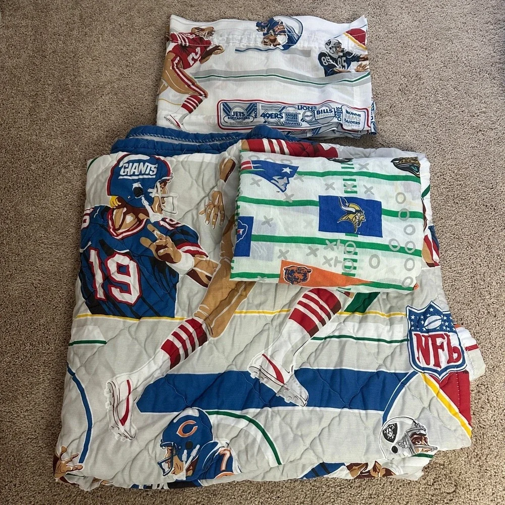 Vtg 90s NFL Football Quilted Bedding Set Kids Twin Bedspread Window Sheet