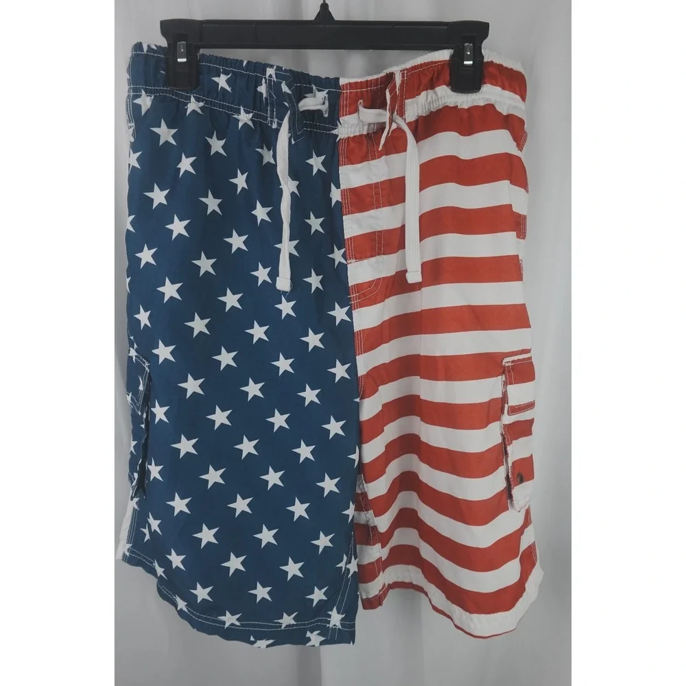 Surf Mentality USA Flag Swim Trunks Men's L Patriotic Stars Stripes Shorts‎