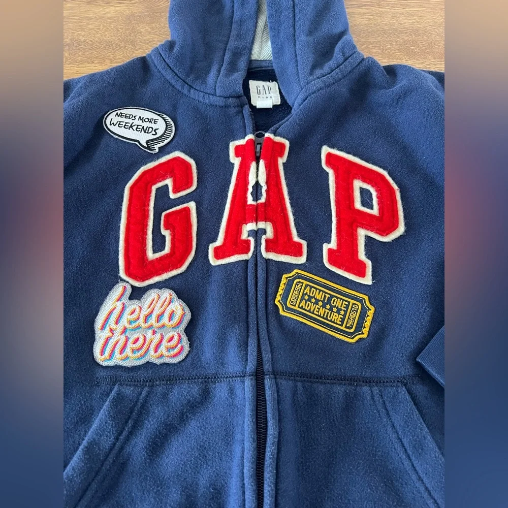 GAP Kids navy zip hoodie with patches size 8