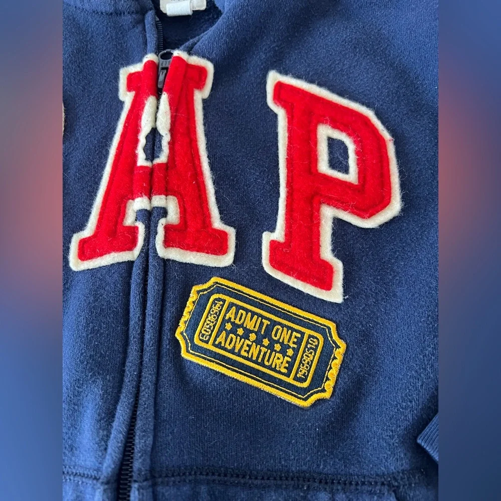 GAP Kids navy zip hoodie with patches size 8