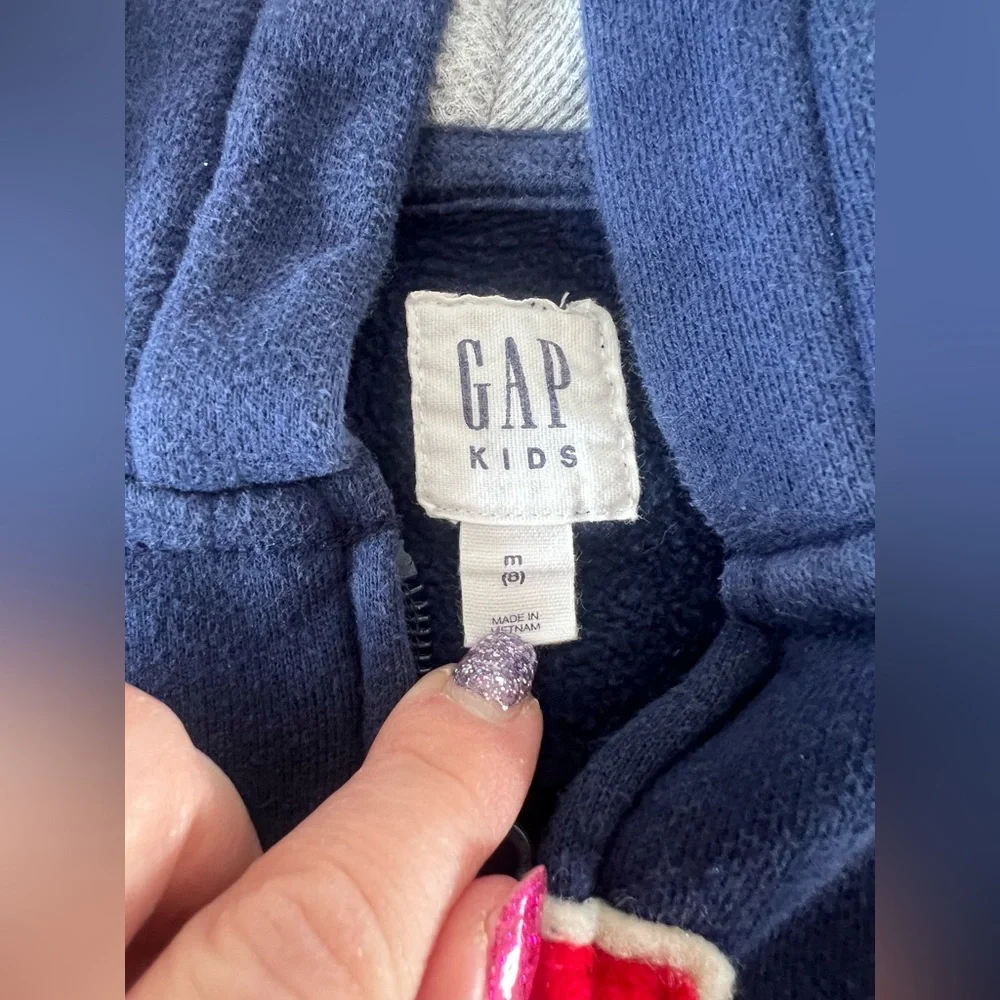 GAP Kids navy zip hoodie with patches size 8