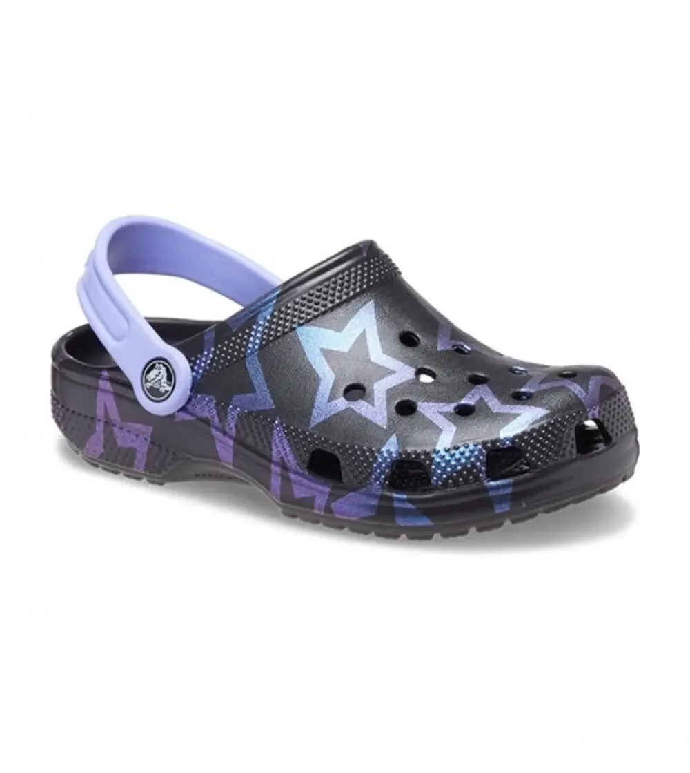 Crocs Classic Disco Dance Party Clogs Big Kid Size 2 Black Purple Stars NEW