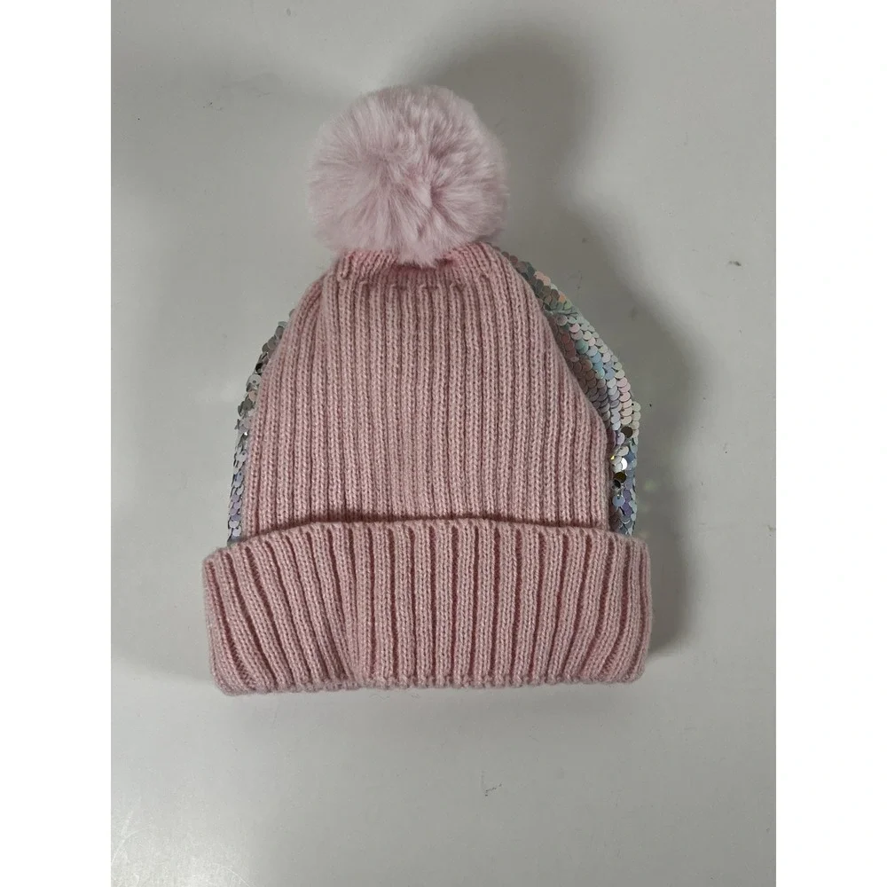 Girls Pink Sequin Pom-Pom Hat | Fleece Lined Rib Knit Beanie | Winter‎ | NEW