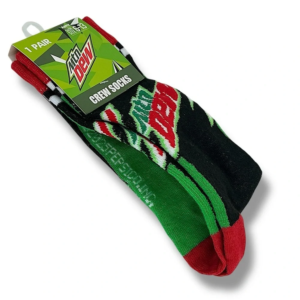 Mountain Dew Crew Socks Novelty Reinforce Toe Black Green Red Unisex Men 6-13
