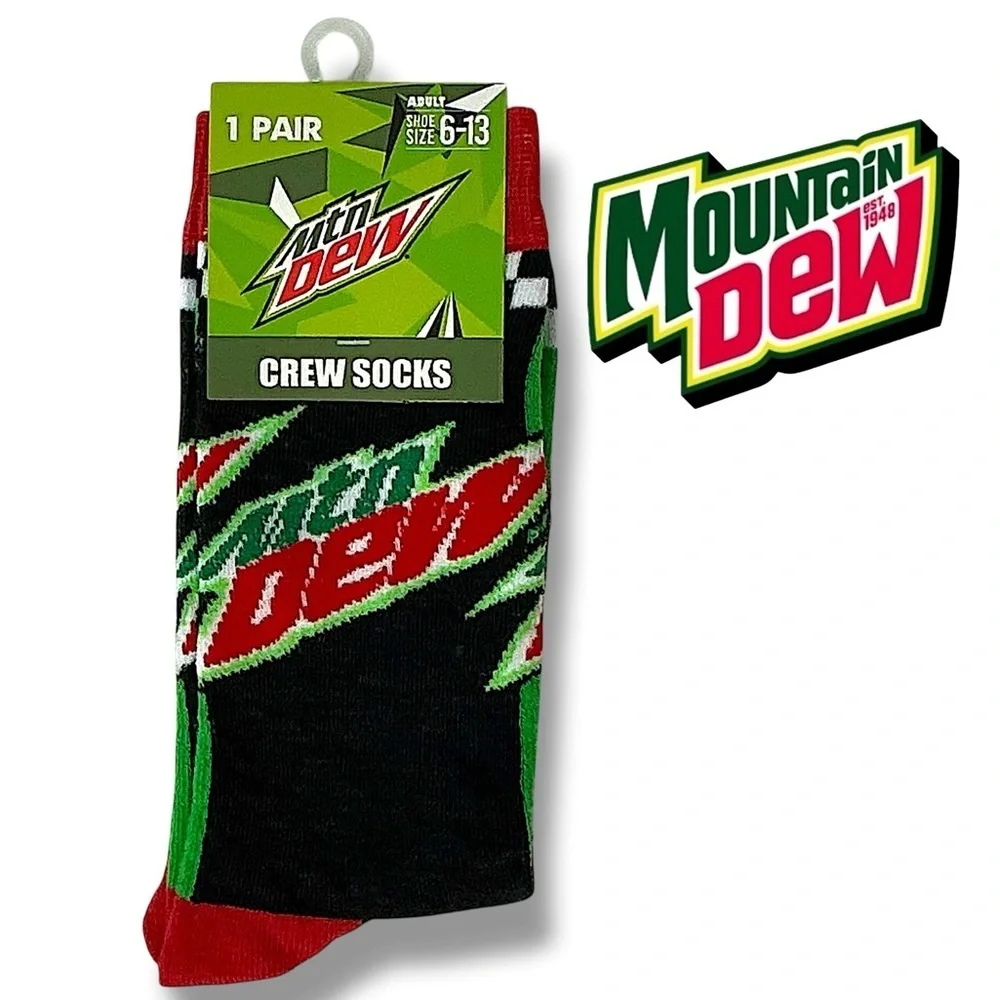 Mountain Dew Crew Socks Novelty Reinforce Toe Black Green Red Unisex Men 6-13