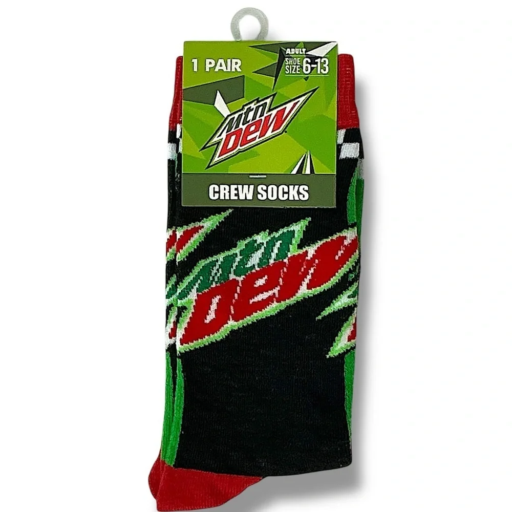 Mountain Dew Crew Socks Novelty Reinforce Toe Black Green Red Unisex Men 6-13
