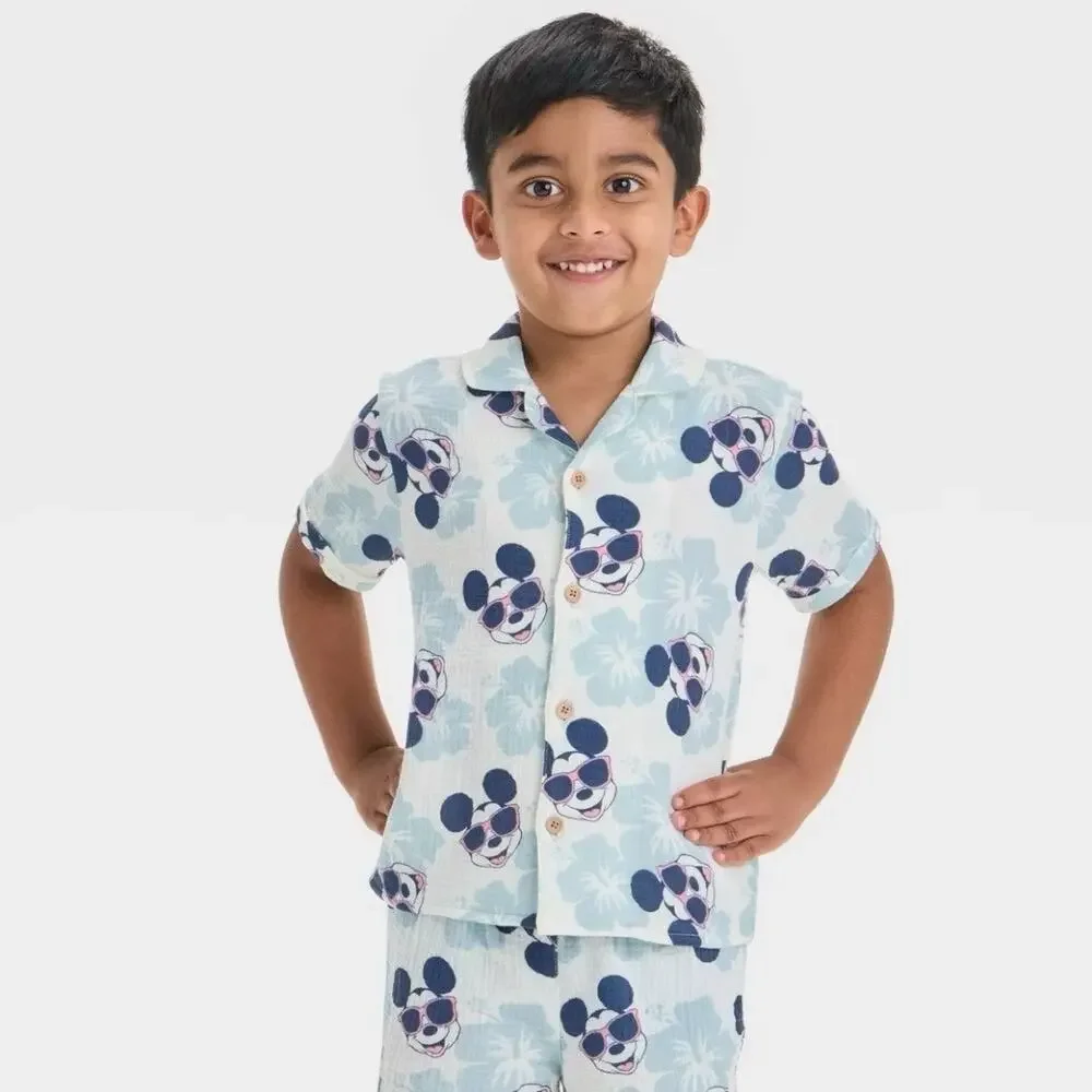 Disney Toddler Boys' 2pc Mickey Mouse Woven Gauze Button-Up‎ Top & Shorts Set