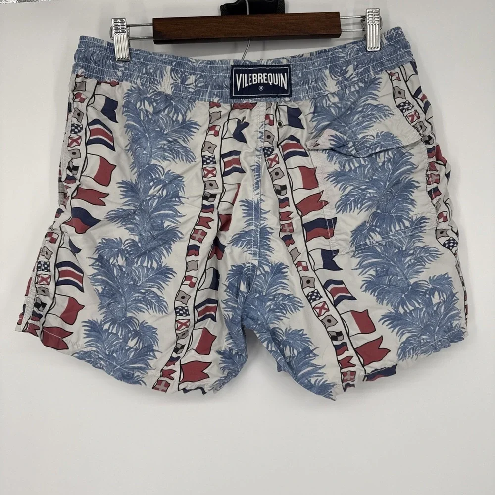 Vilebrequin Nautical Flags Palm Tree Swim Trunks Mens Patriotic Beach Resort M