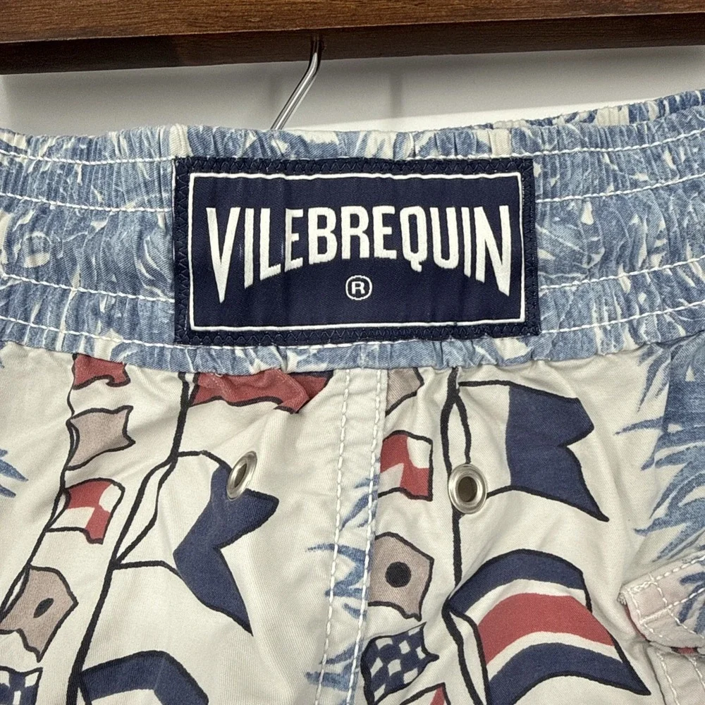 Vilebrequin Nautical Flags Palm Tree Swim Trunks Mens Patriotic Beach Resort M