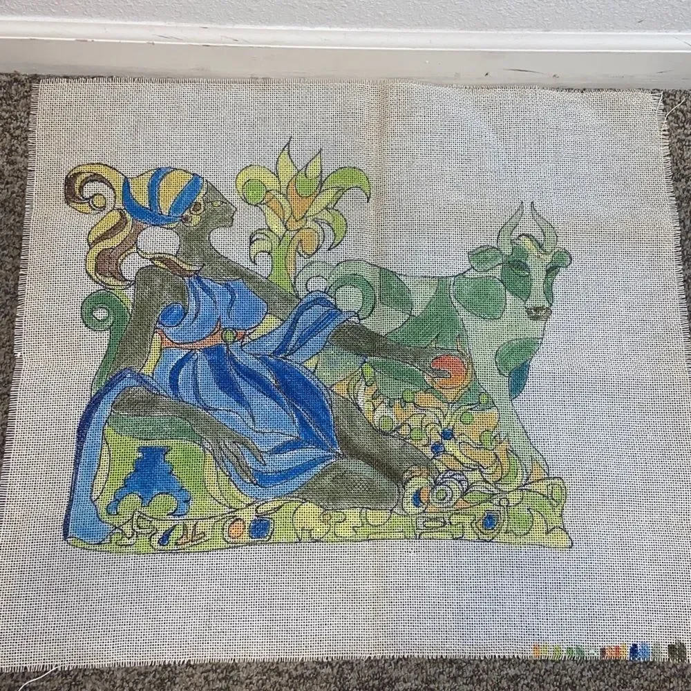 Abstract Reclining Woman and Cow Tapestry in Blue & Green