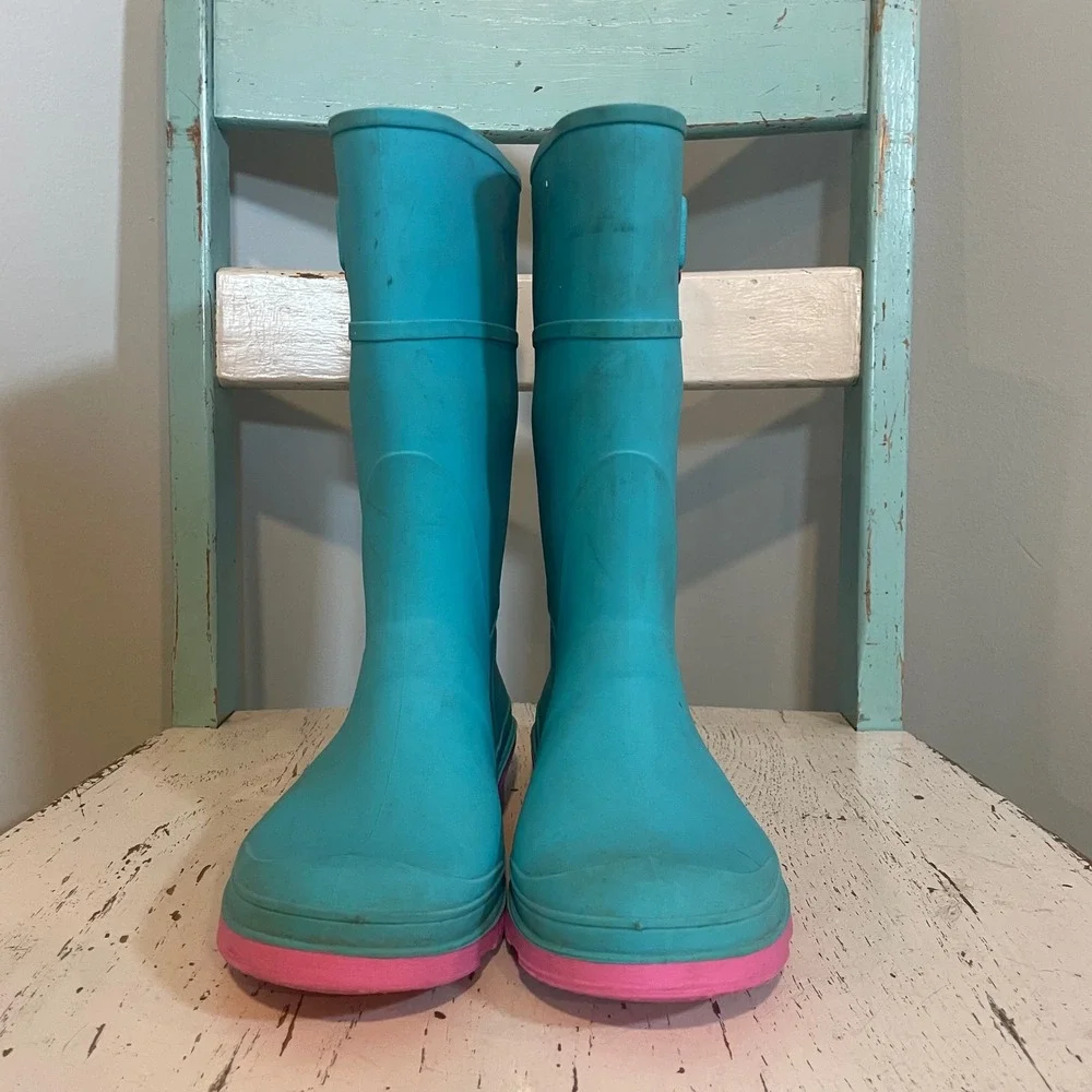 Kamik Raindrops Kids Turquoise Pink Waterproof‎ Rubber Rain Boots Size 4 Wellies