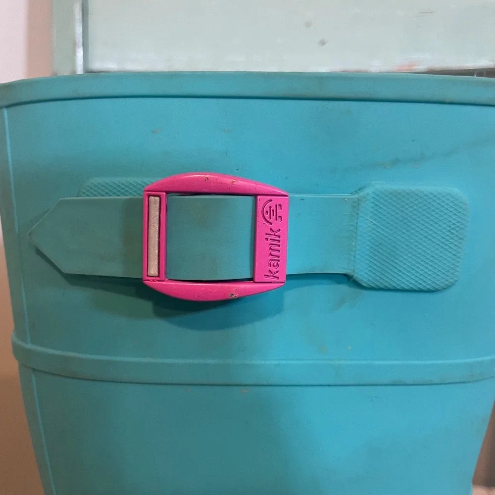 Kamik Raindrops Kids Turquoise Pink Waterproof‎ Rubber Rain Boots Size 4 Wellies