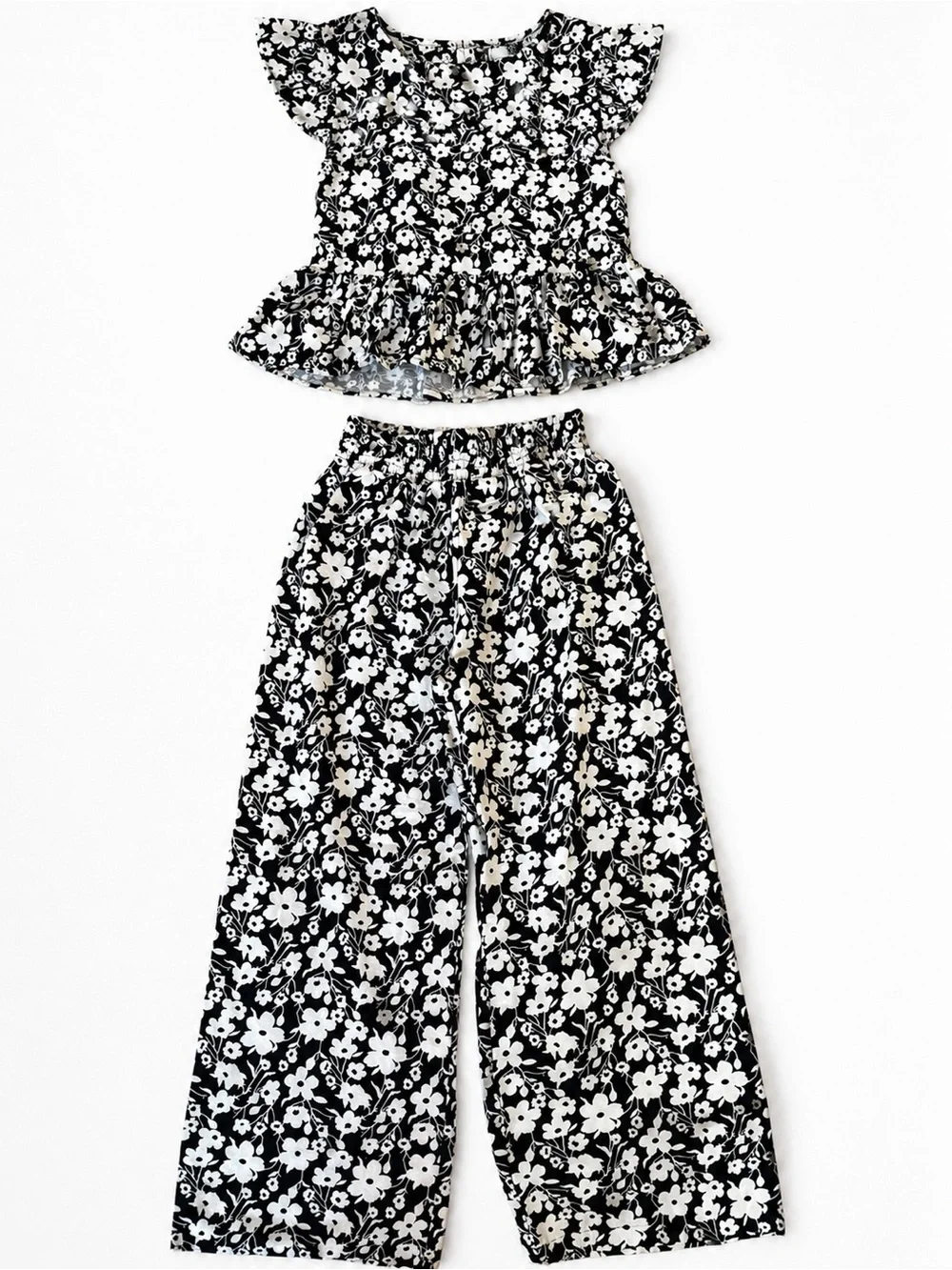 Girls Size 10- Black & White Floral Wide-Leg Pants Set
