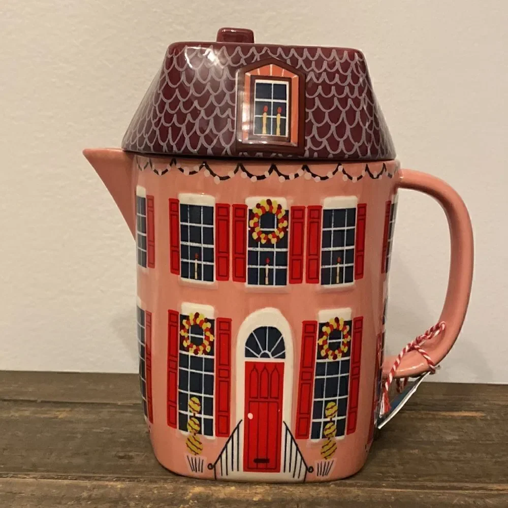 NWT ANTHROPOLOGIE Christmas Chalet Teapot Holiday House Pink Red