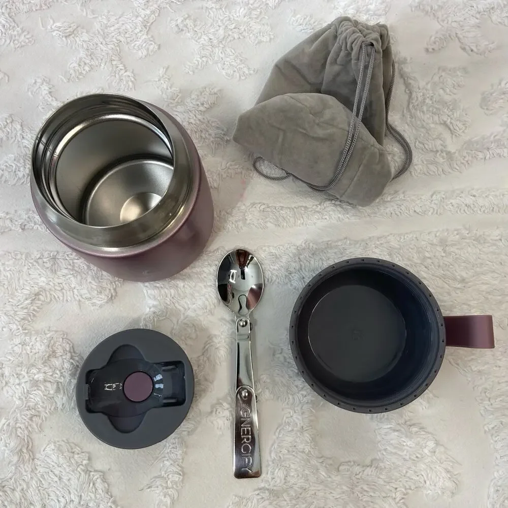 GNERGIFY Double Wall Vacuum Food Jar Thermos w/ Folding Spoon & Bag 22 oz Purple