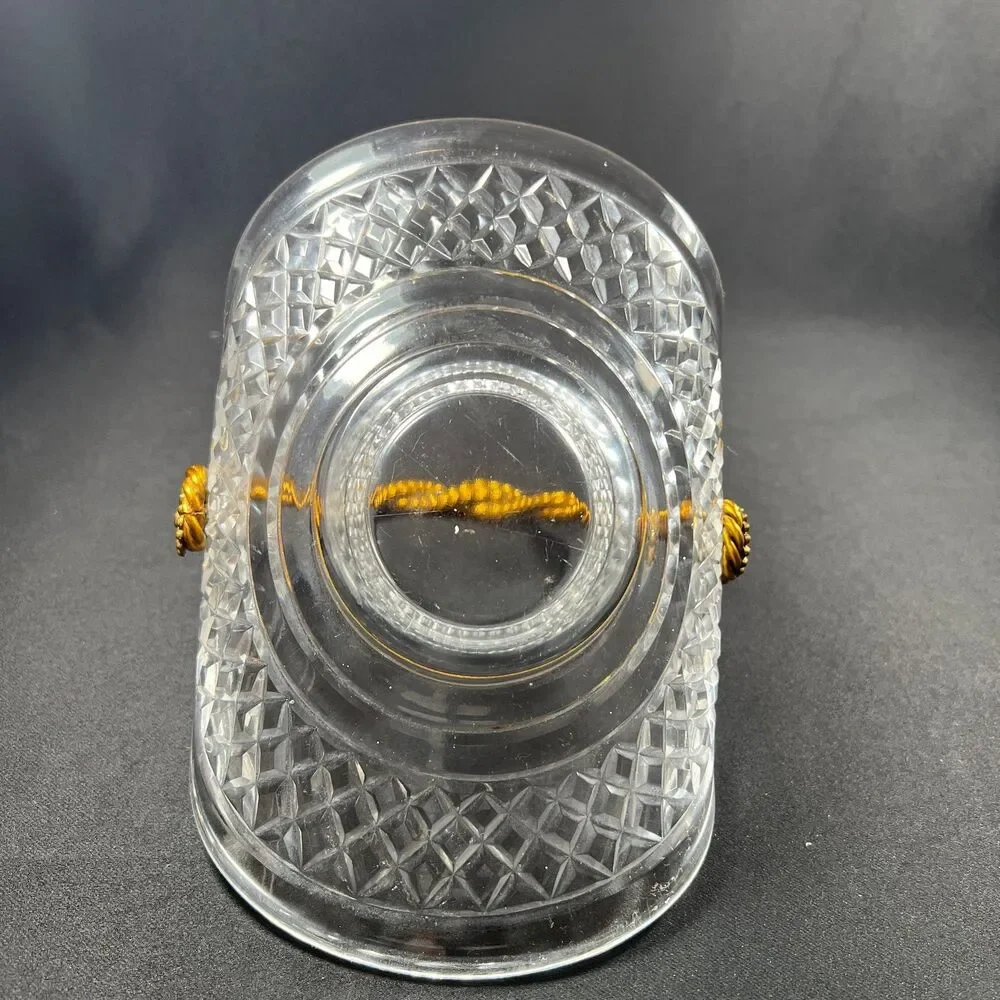Mid Century Cut Crystal Basket Dish, Roped Brass Handle, Candy Trinket Bowl, VTG
