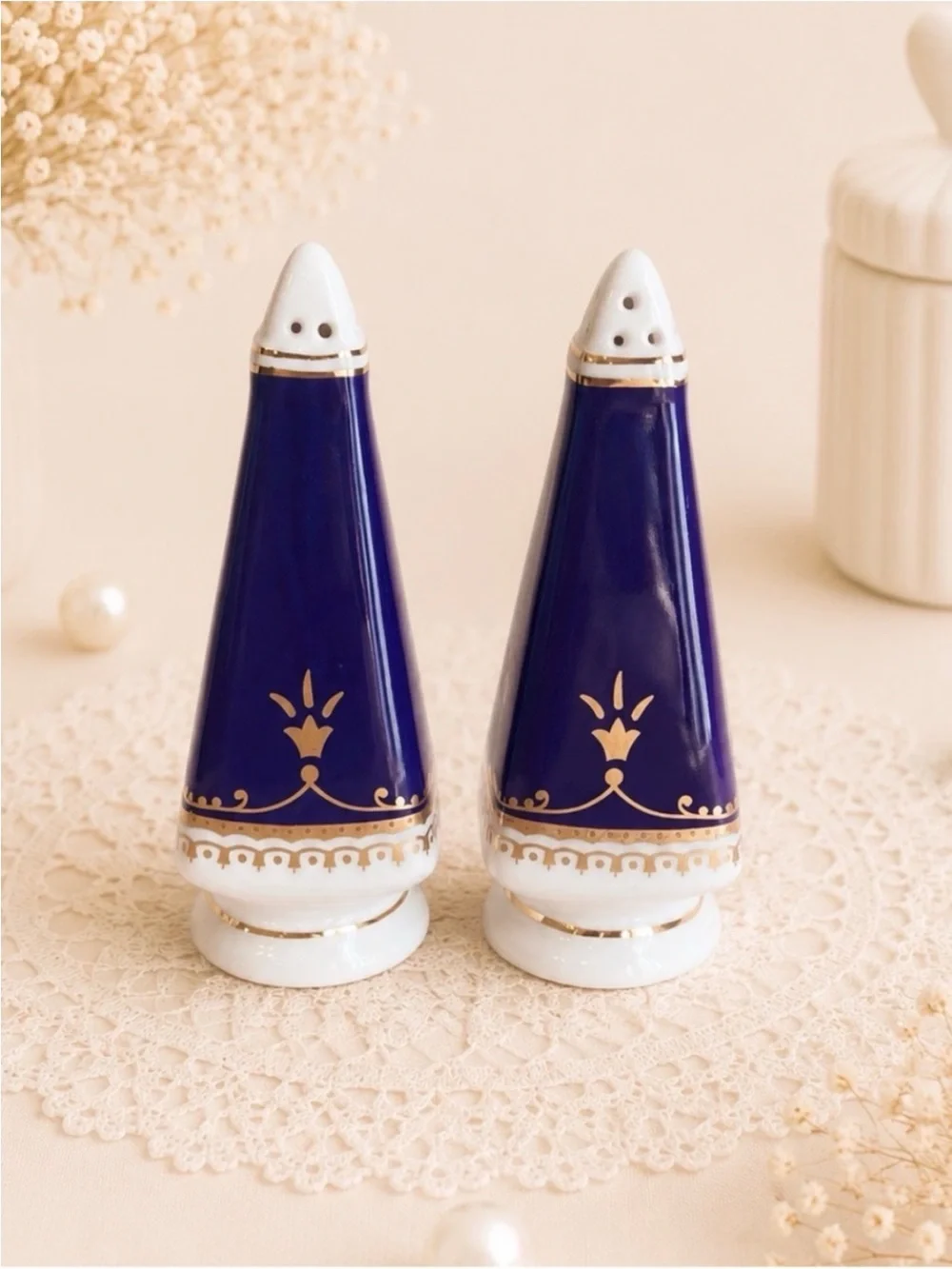 Blue and Gold Ceramic Salt & Pepper Shakers-Vintage