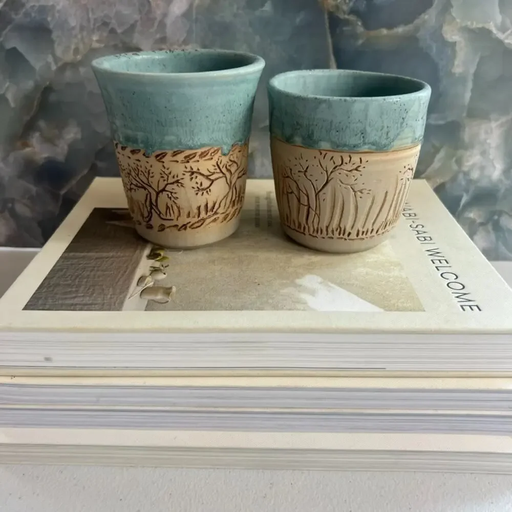 Unmarked Stoneware Tumbler Cups Speckled Blue Etched Tree Design Set of 2