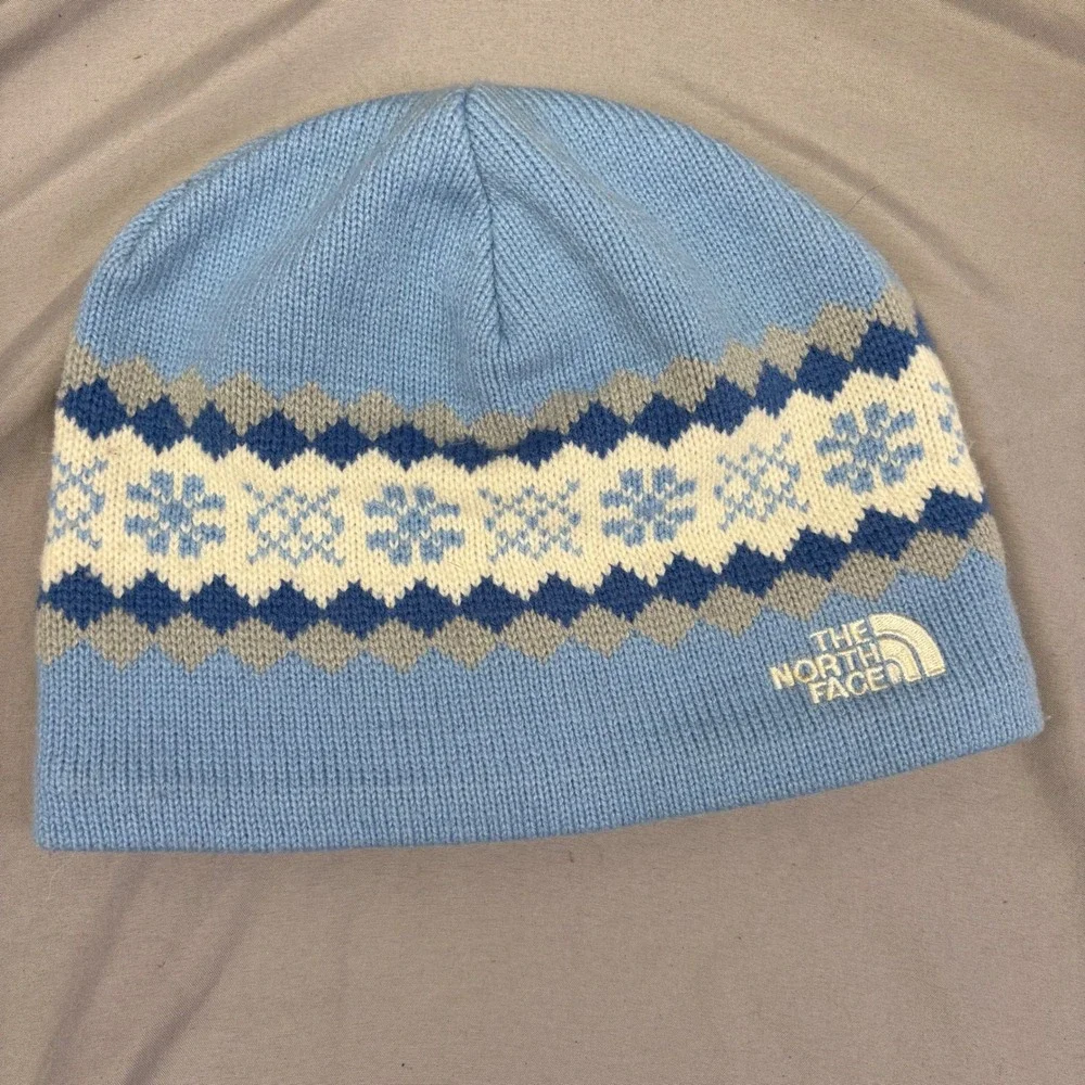 The North Face Kids‎ Blue Fair Isle Snowflake Knit Fleece Lined Beanie Hat OS