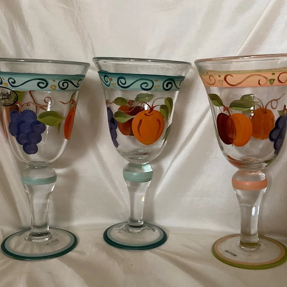 Hand-Painted Wine Goblets (1 pair & a single)