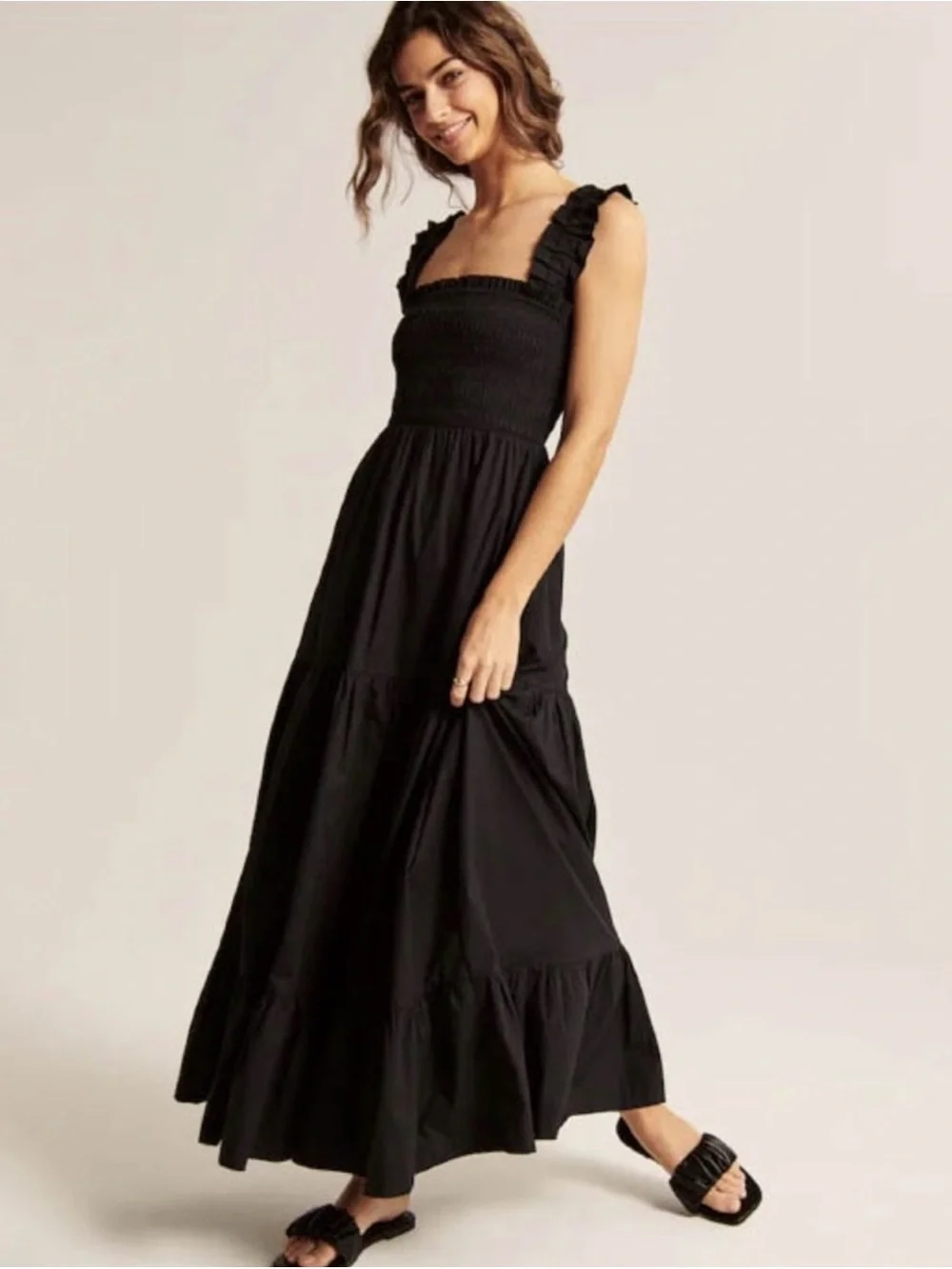 Abercrombie & Fitch Sleeveless Smocked Tiered Maxi Dress Long Black Large Petite
