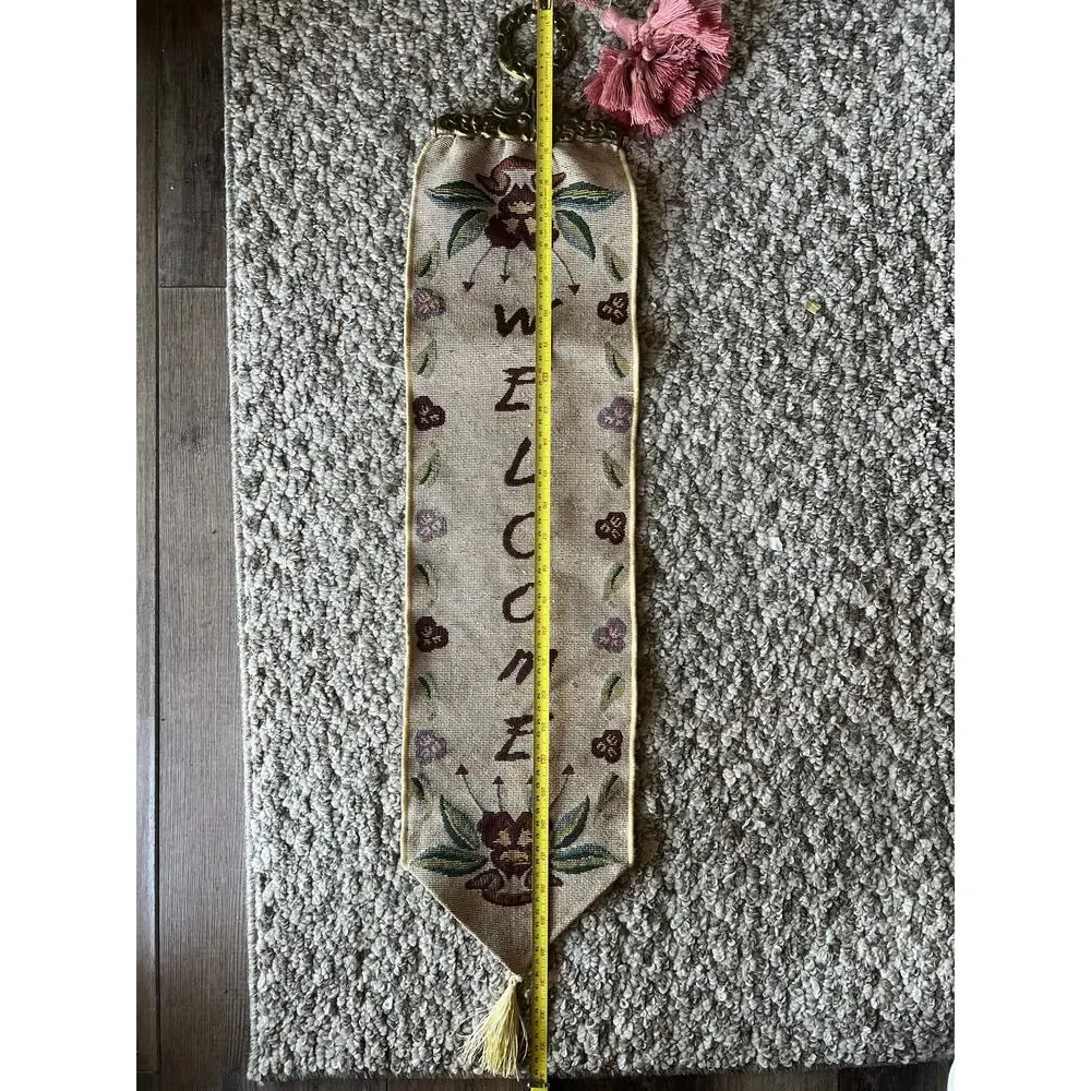 Vintage Brass Tapestry Hanger Woven Welcome Wool Floral Wall Hanging Pink Tassel