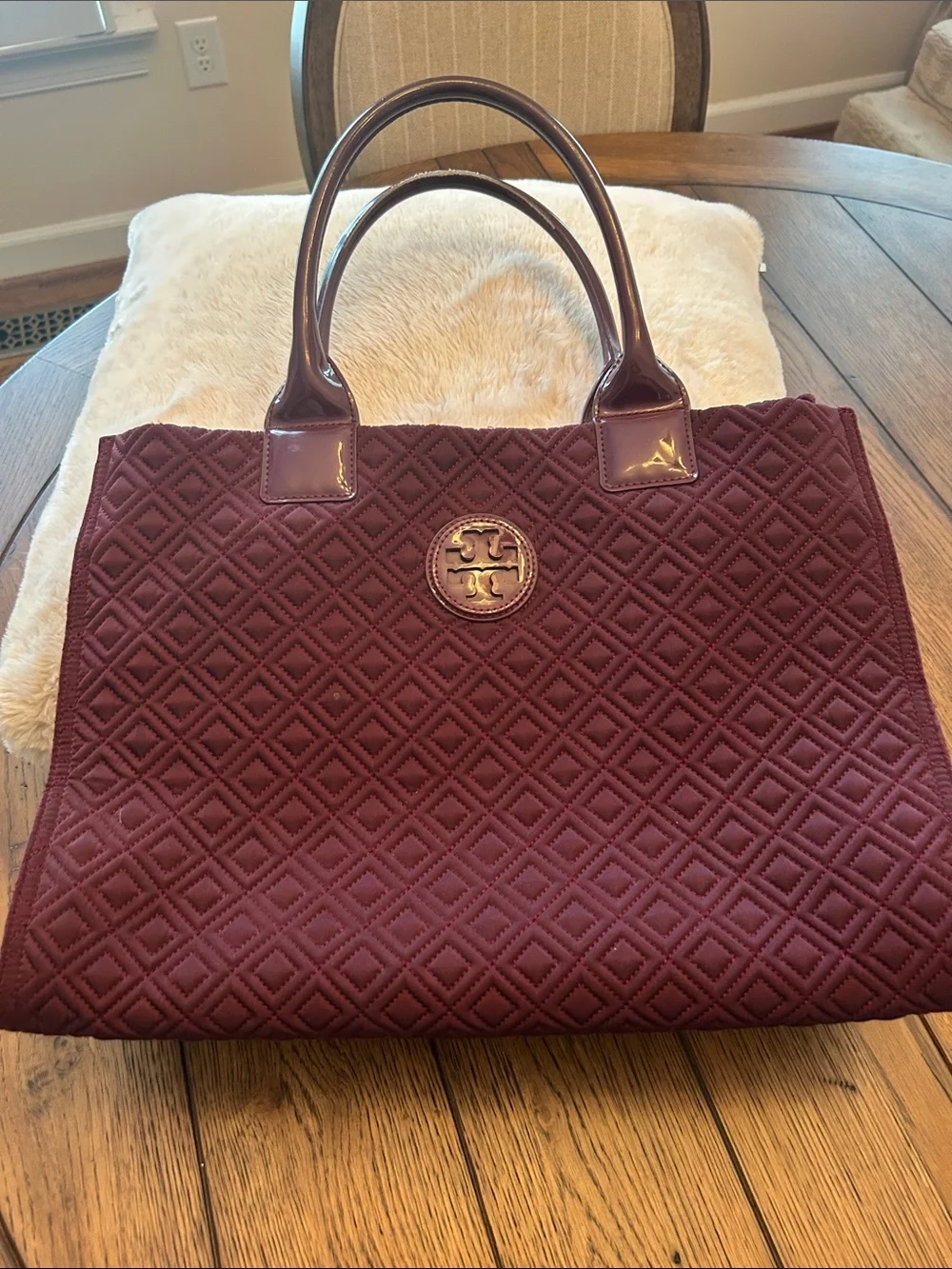 Tory Burch Marion Quilted Tote in Wine with Patent Handles like new