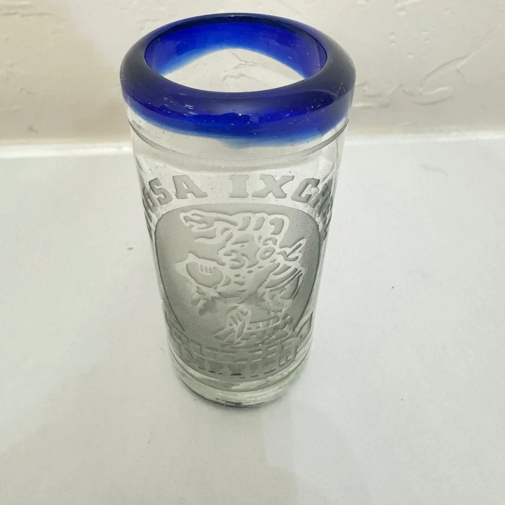 Tulum Mexico Hand Blown‎ Shot Glass Cobalt Blue Rim Etched Mayan Diosa Ixchel