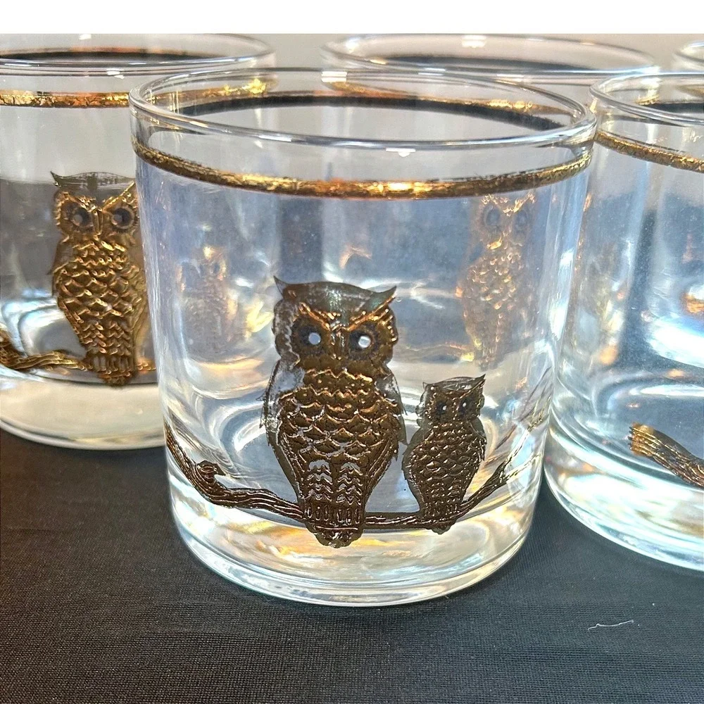lot 5 vintage 1960s mcm culver glass 22k gold owls rocks lowball glasses barware