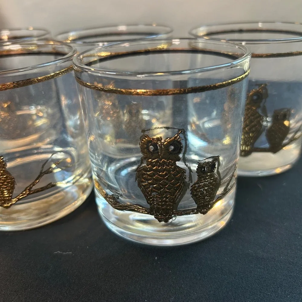 lot 5 vintage 1960s mcm culver glass 22k gold owls rocks lowball glasses barware