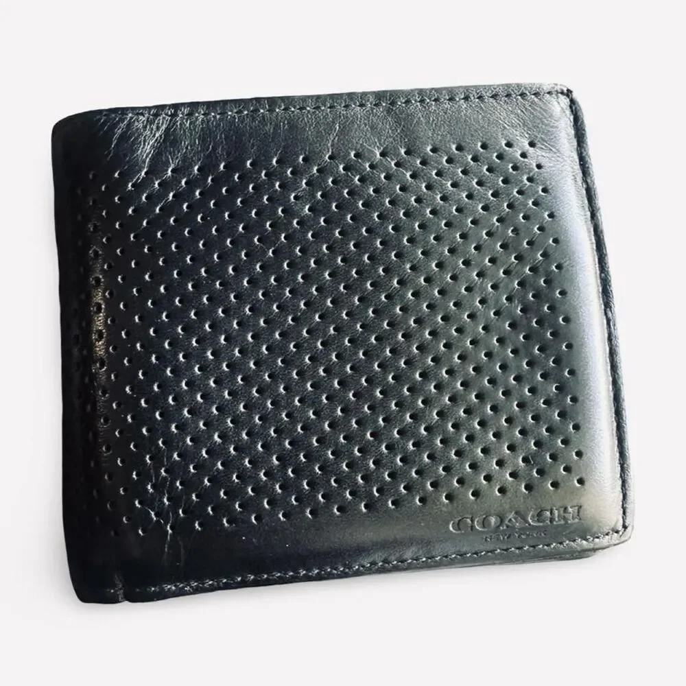 Coach Men's Perforated Black Leather Bifold Wallet Embossed Logo F75278
