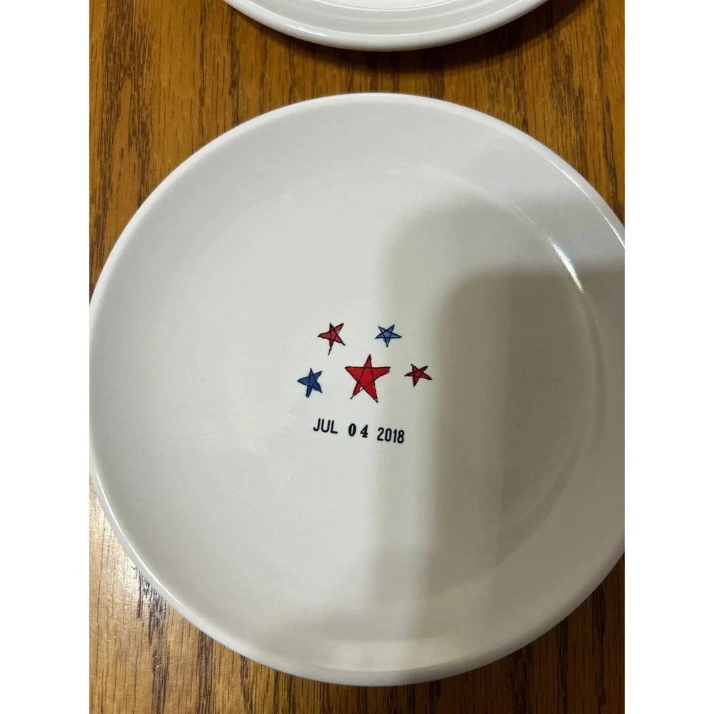 Rae Dunn White Dessert Plates with Red, Blue & Gold Patriotic Motifs - Set of 4