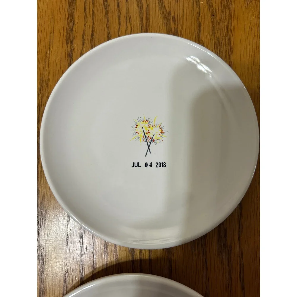 Rae Dunn White Dessert Plates with Red, Blue & Gold Patriotic Motifs - Set of 4