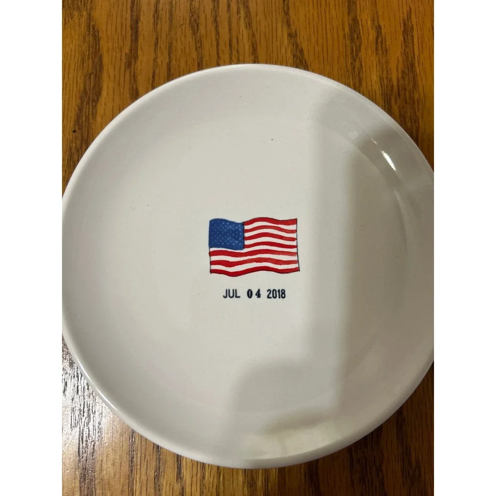 Rae Dunn White Dessert Plates with Red, Blue & Gold Patriotic Motifs - Set of 4