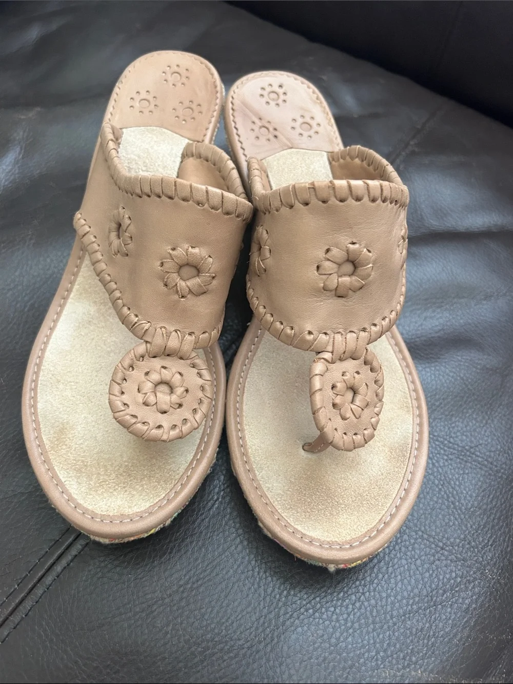 Jack Rogers Tan Leather Wedge Sandals with Multicolor Woven Heel