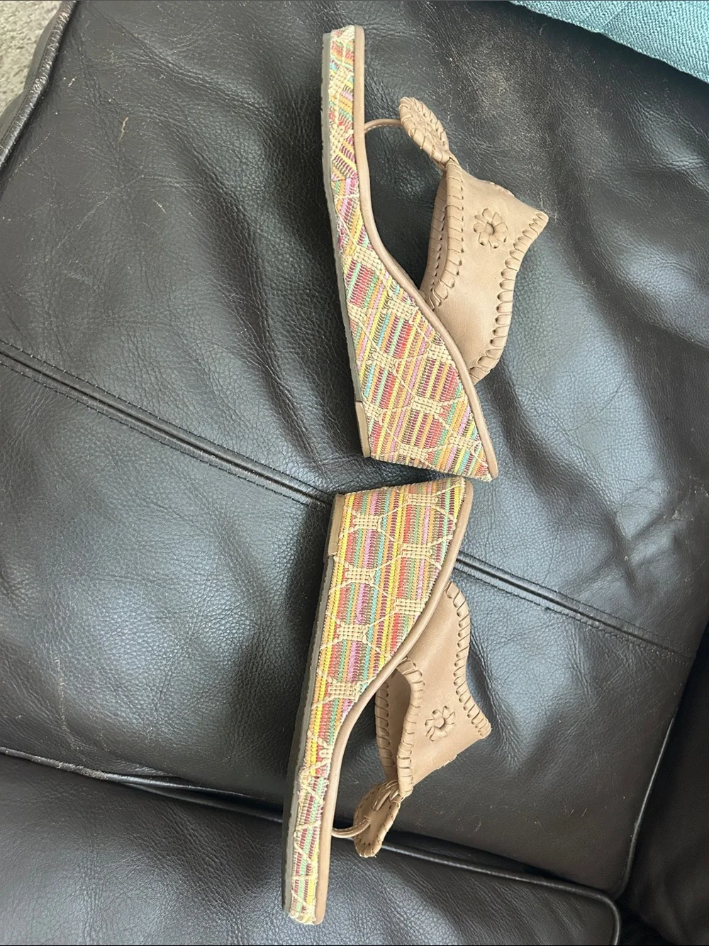 Jack Rogers Tan Leather Wedge Sandals with Multicolor Woven Heel