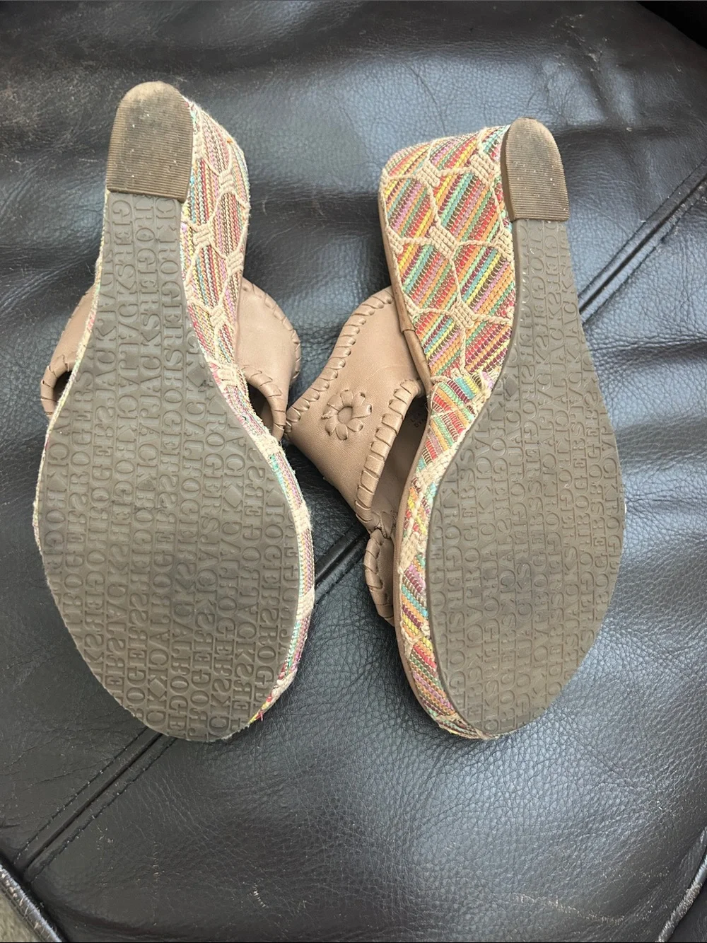 Jack Rogers Tan Leather Wedge Sandals with Multicolor Woven Heel