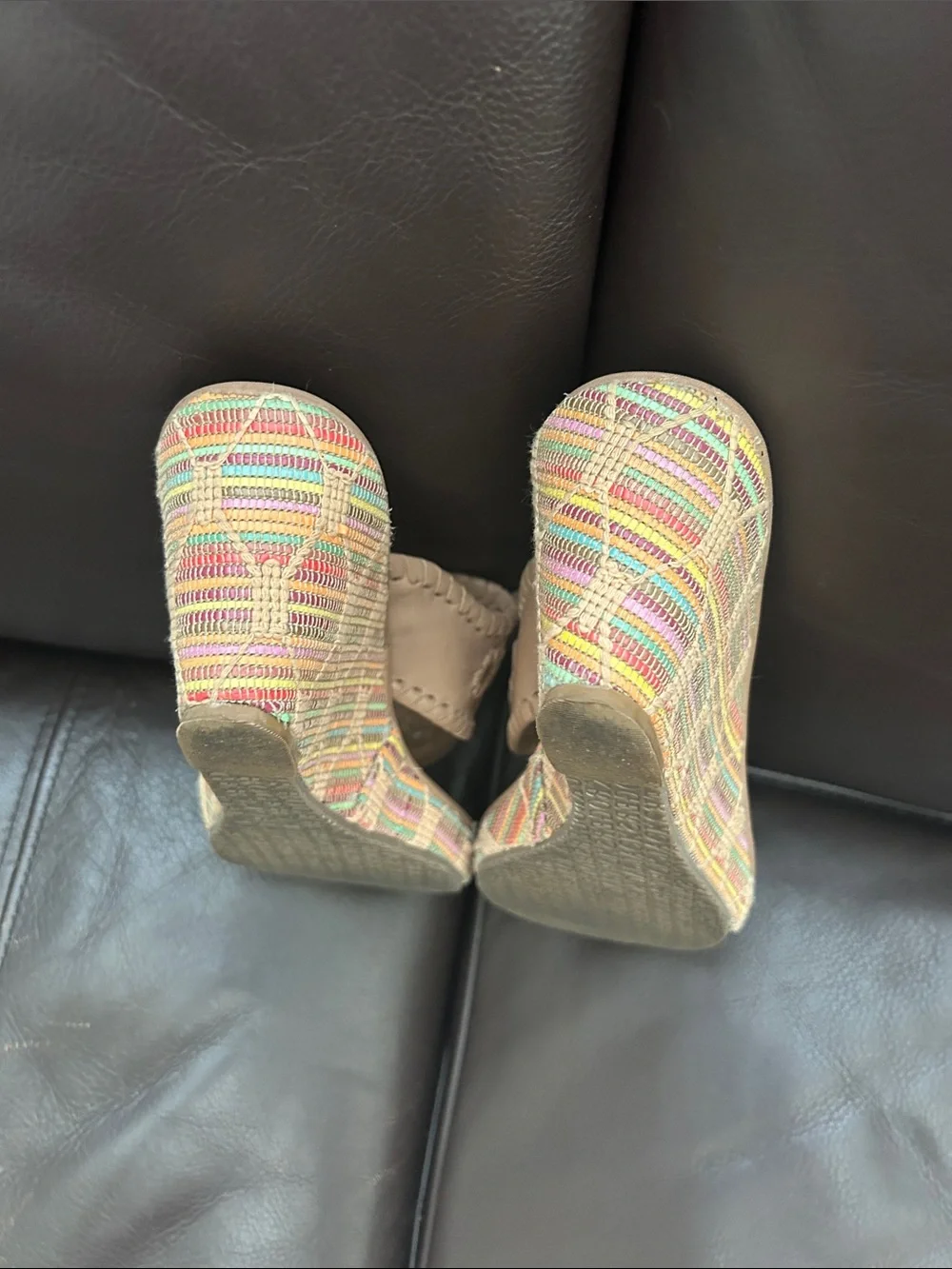 Jack Rogers Tan Leather Wedge Sandals with Multicolor Woven Heel
