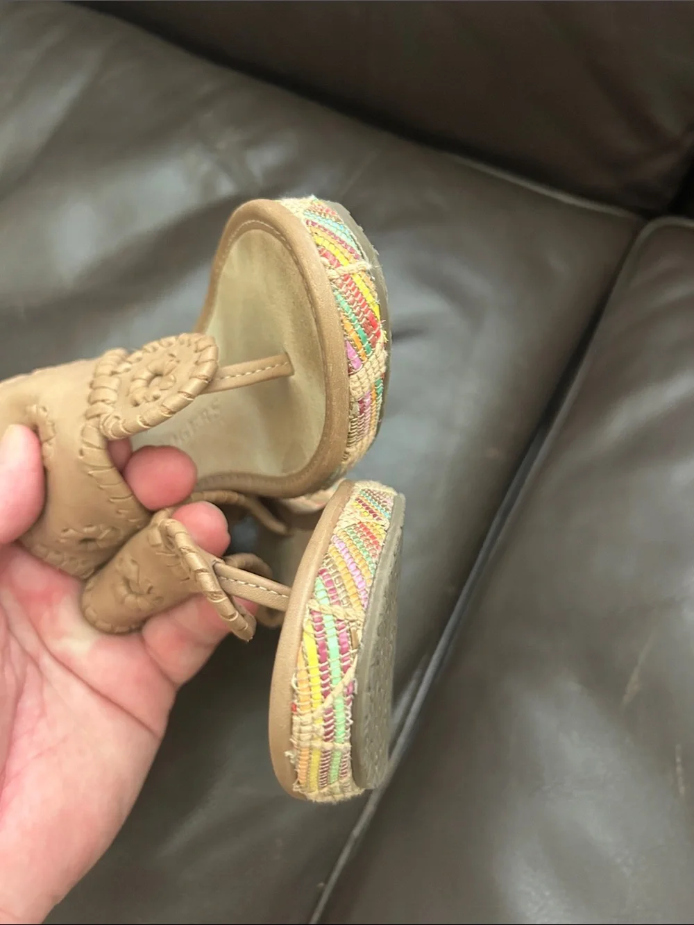 Jack Rogers Tan Leather Wedge Sandals with Multicolor Woven Heel