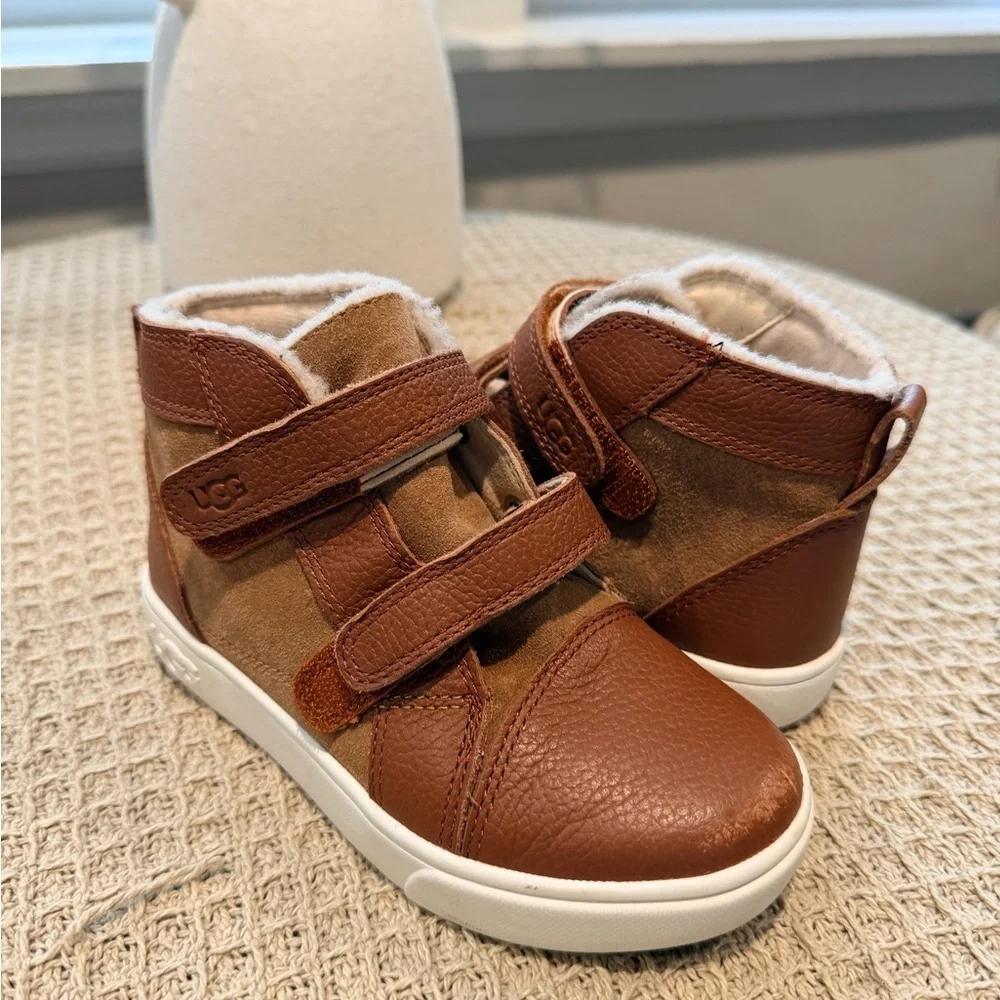 UGG Kids Chestnut Brown Leather & Suede Velcro Boots