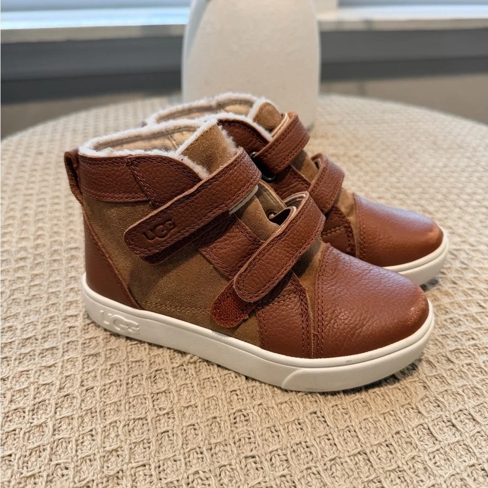 UGG Kids Chestnut Brown Leather & Suede Velcro Boots