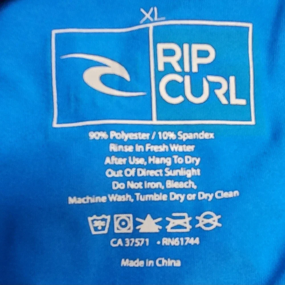 Rip Curl Mens Rash Guard Shirt Blue Yellow Logo UPF‎ 50 Short Sleeve XL