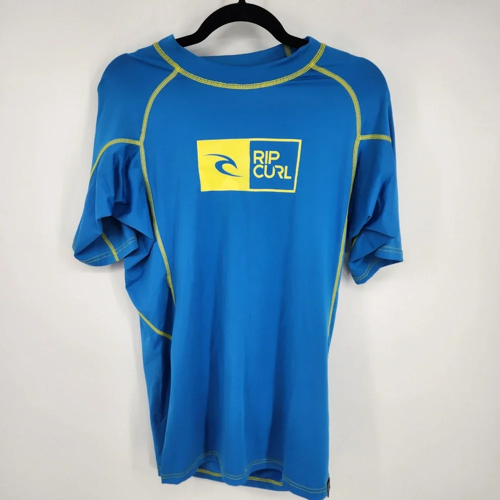 Rip Curl Mens Rash Guard Shirt Blue Yellow Logo UPF‎ 50 Short Sleeve XL