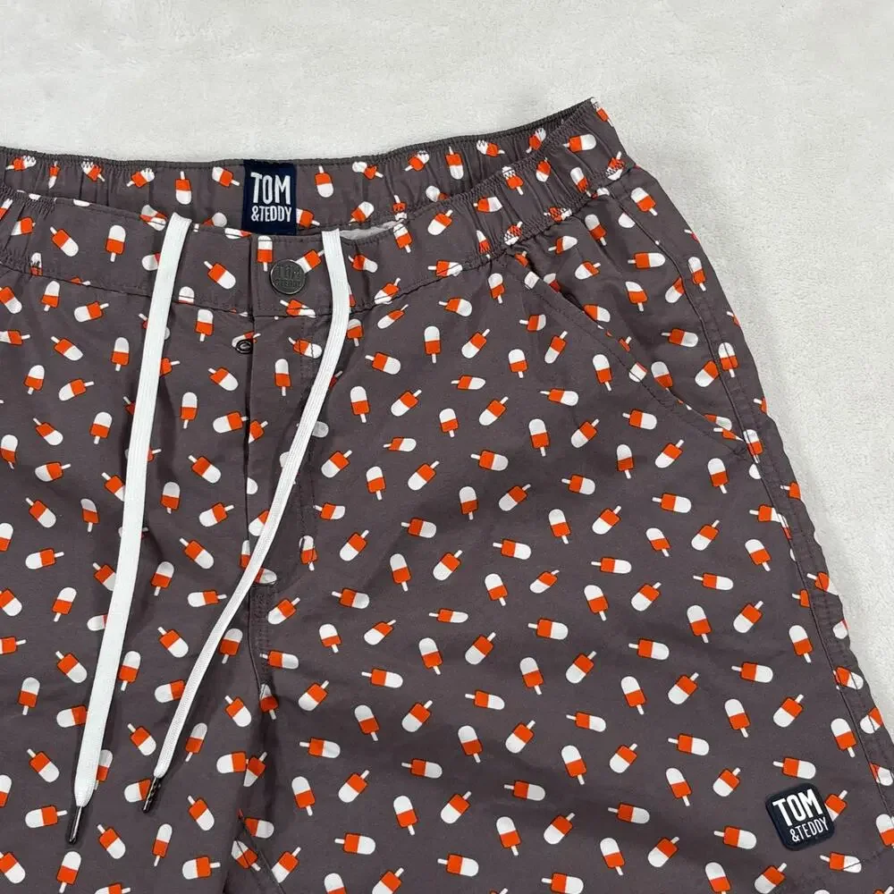 Tom & Teddy Mens Swim Shorts Grey Orange Popsicle Print Drawstring Mesh Lined M